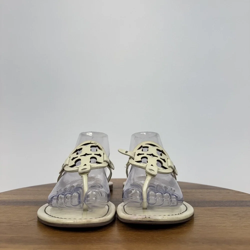 Womens Tory Burch Miller Thong Beige Leather Flip Flops Shoes Sandals Size 8.5 M
